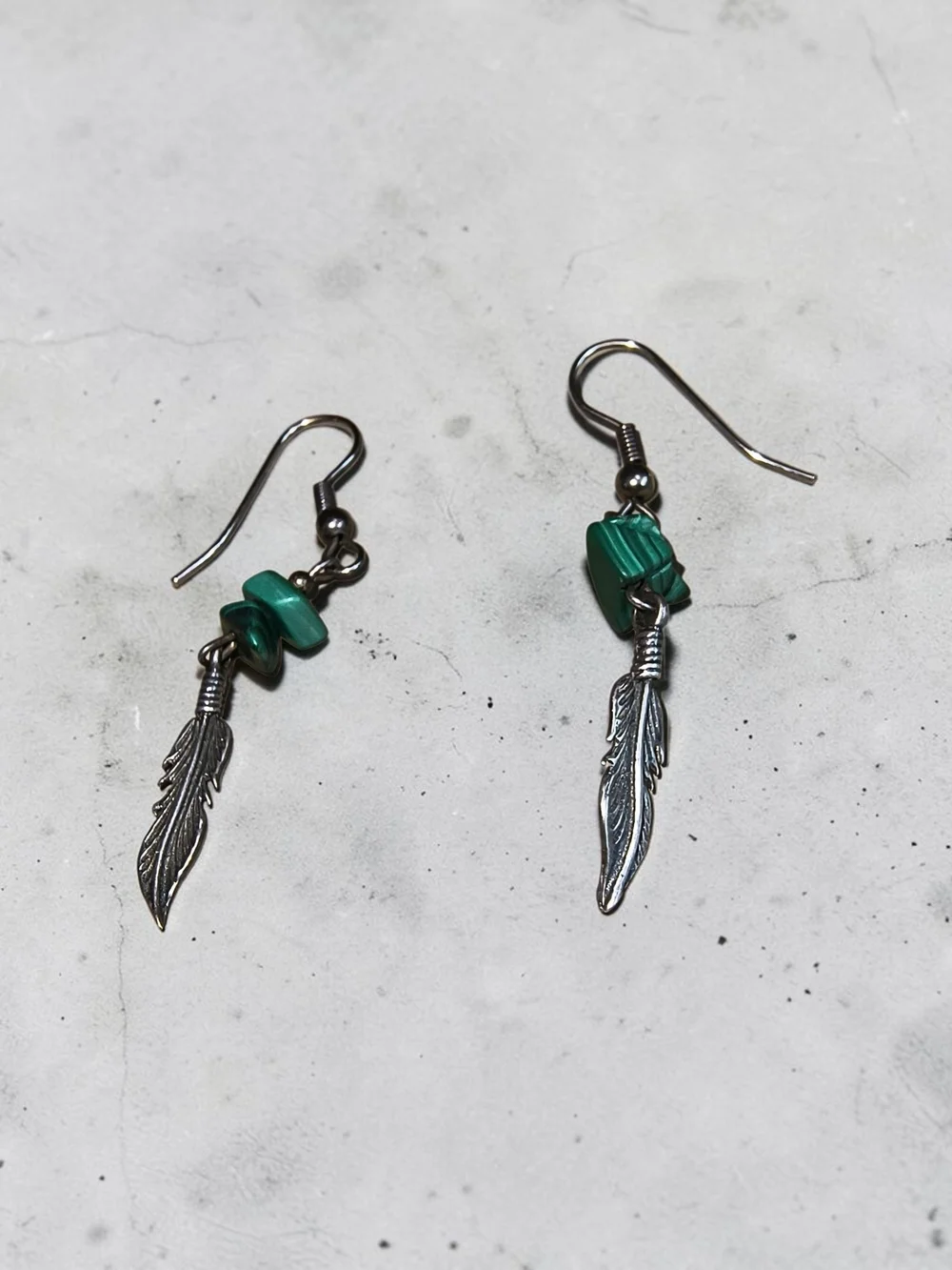 Green Malachite And Sterling Silver Feather Dangle Artisan Earrings